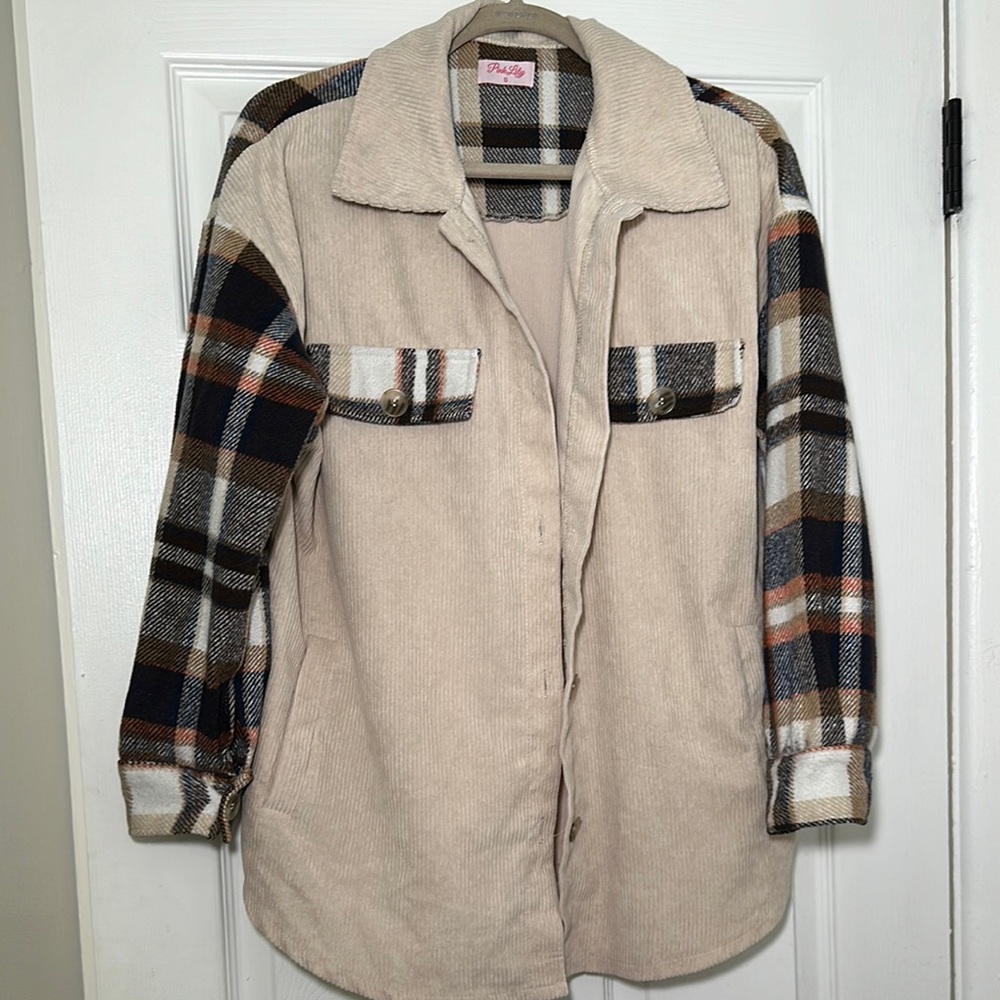 Pink Lily Cream Shacket with Navy Plaid Accents